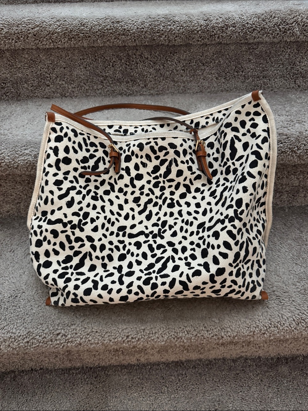 Canvas Spot-Print Tote with Tan Trim
